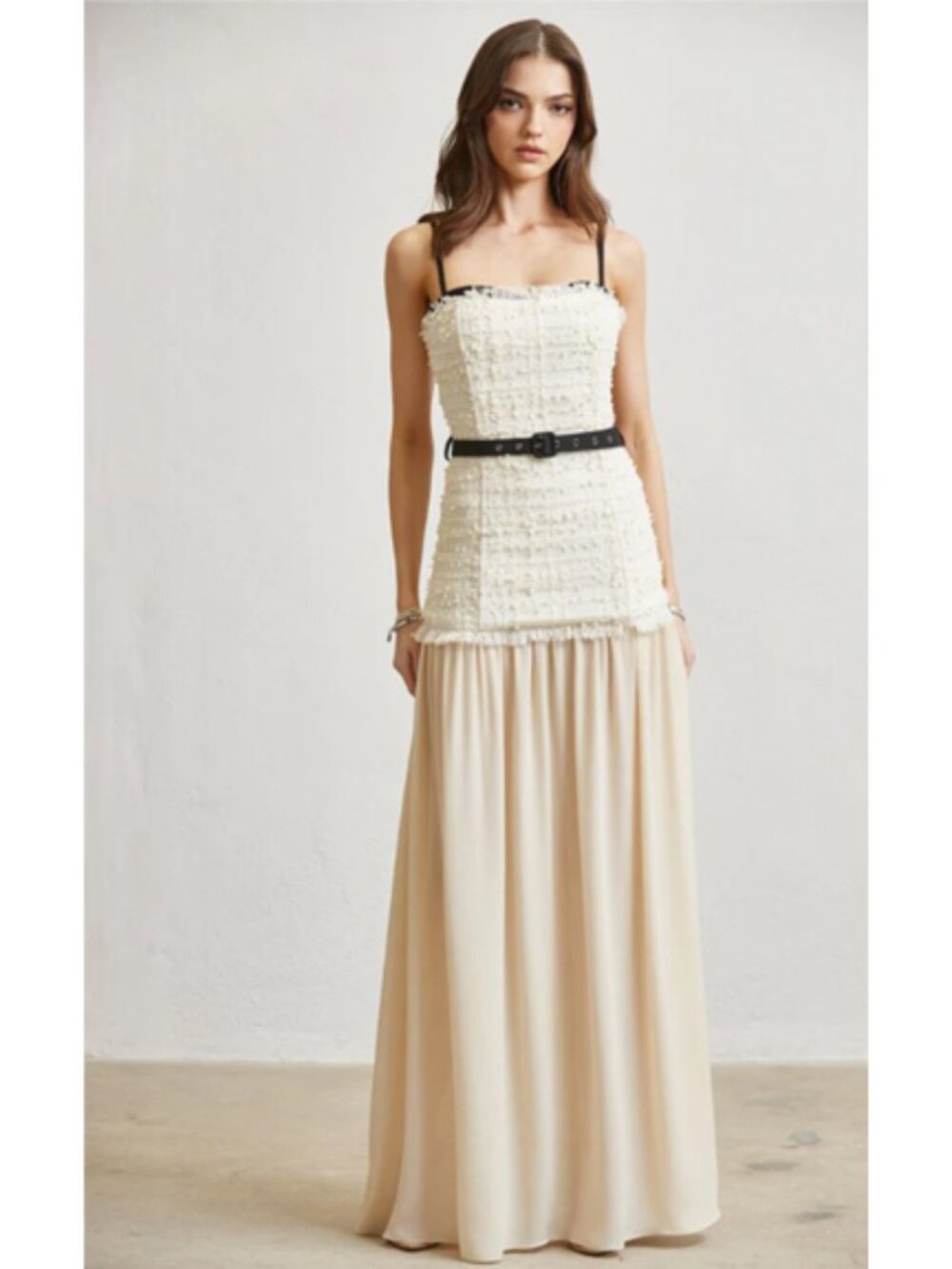 Ivory & Black Tweed Bodice Maxi Dress with Flowing Skirt & Belt Detail